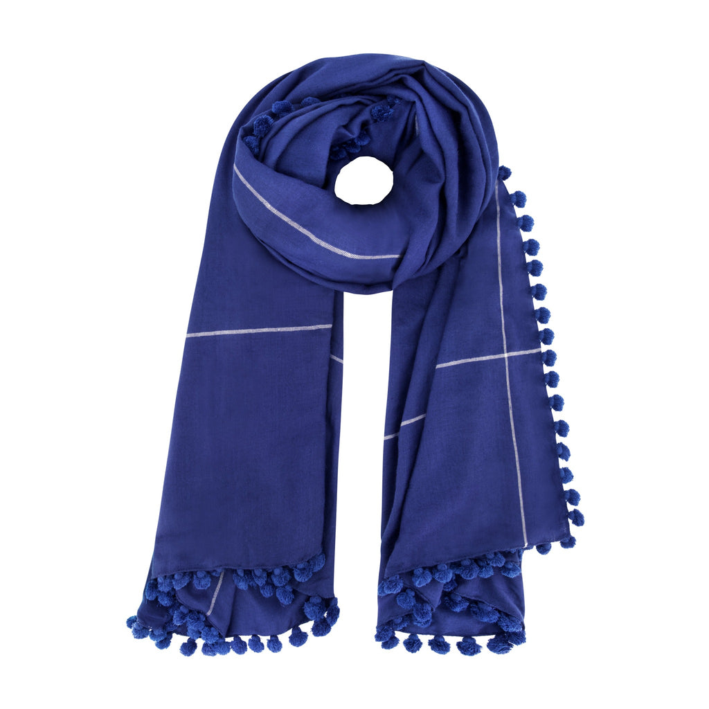 Cashmere Pashmina Shawl Pompom Indigo By Yaser Shaw - The Well Appointed House