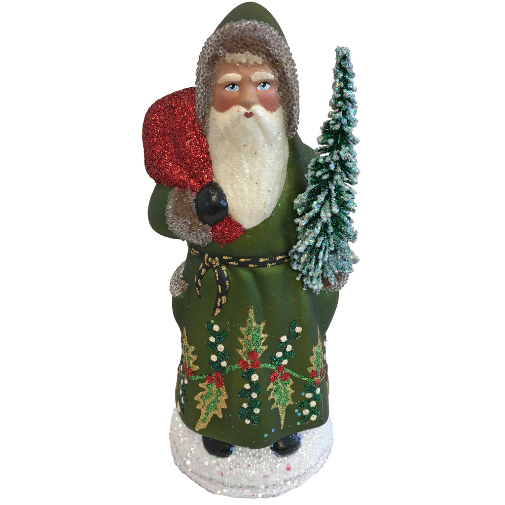 Ino Schaller Paper Mache Green Santa with Trees Candy Container Christmas Decoration - The Well Appointed House