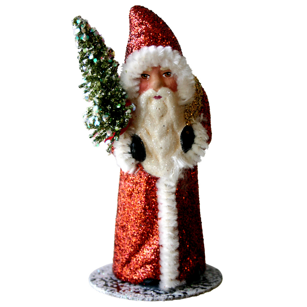 Ino Schaller Paper Mache Copper Sparkle Santa with Tree Container Christmas Decoration - The Well Appointed House
