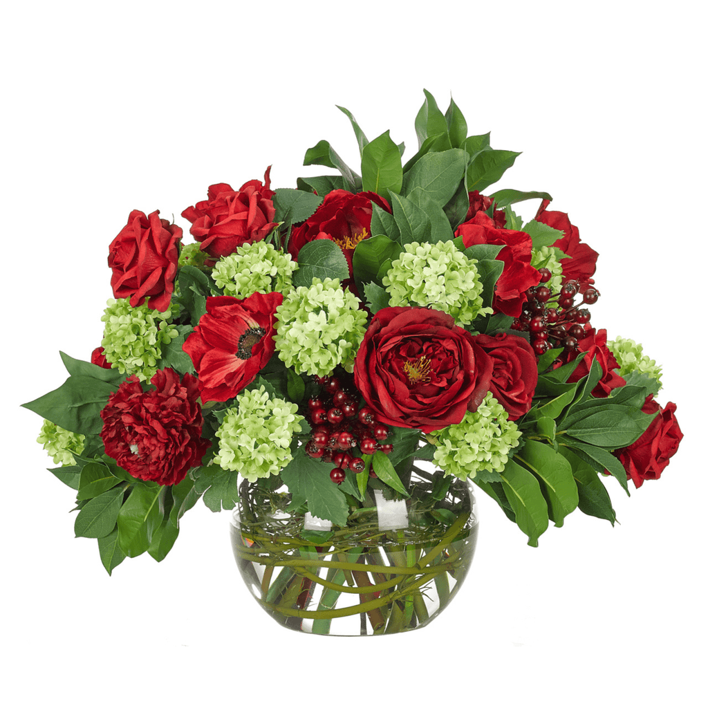 16" Red & Green Rose Snowball Faux Watergarden in Glass Bubble - Florals & Greenery - The Well Appointed House