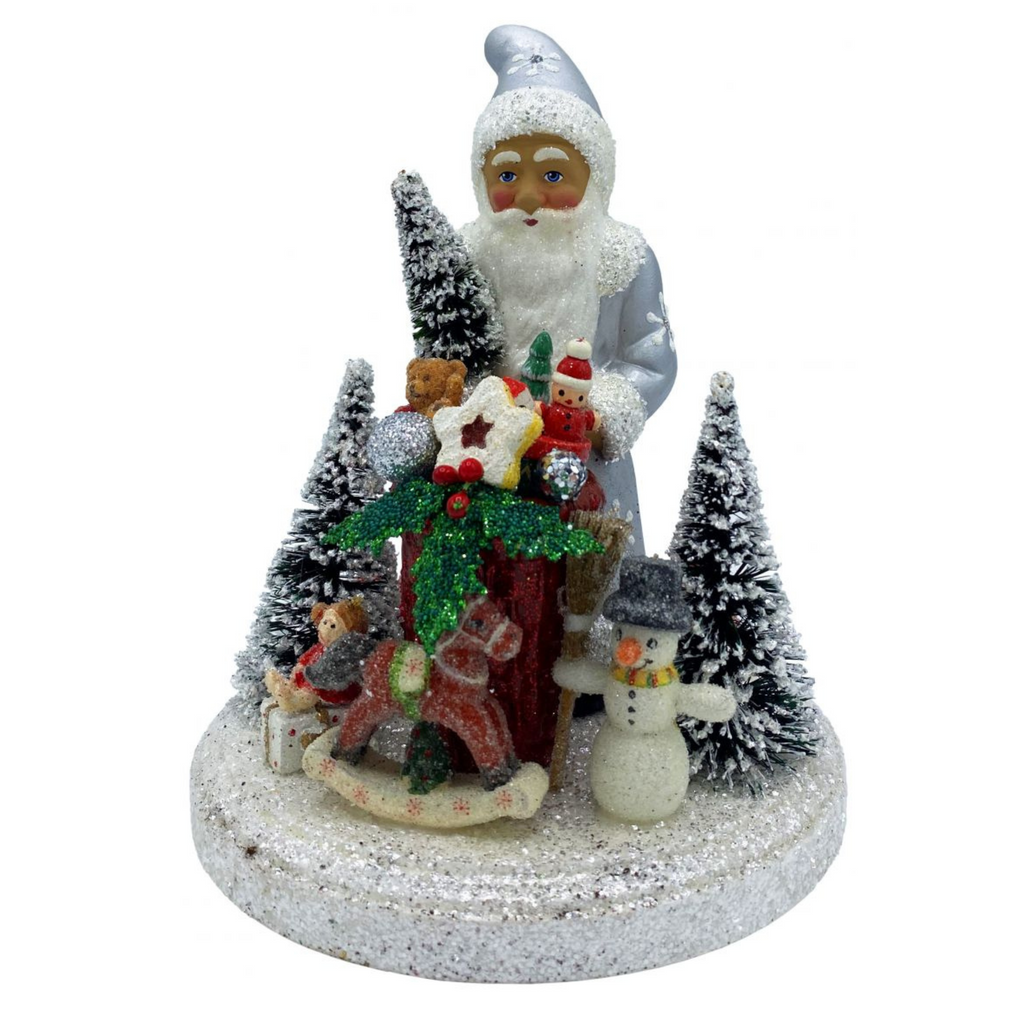 Ino Schaller Paper Mache Silver Coat Santa With Gifts Candy Container Christmas Decoration - The Well Appointed House