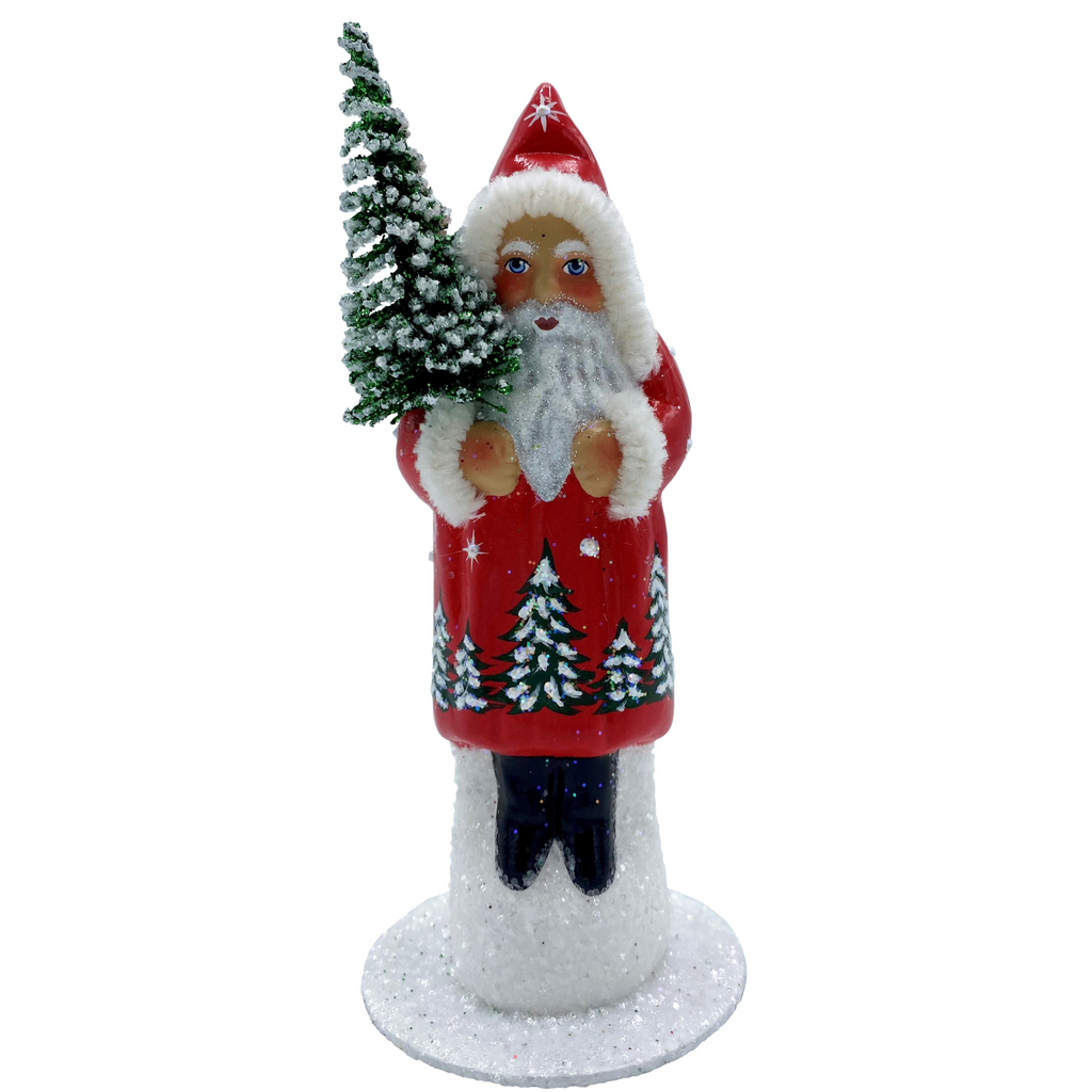 Ino Schaller Paper Mache Light Red Santa with Tree Scene and Pipecleaner Edges Container Christmas Decoration - The Well Appointed House
