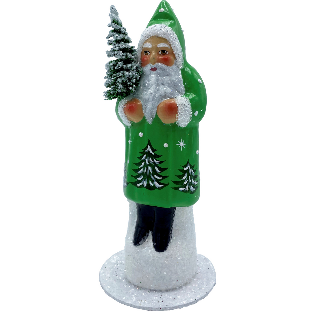 Ino Schaller Paper Mache Green Santa with Tree Scene and Pipecleaner Edges Container Christmas Decoration - The Well Appointed House
