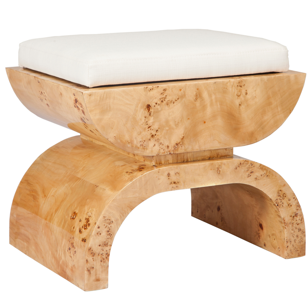 Biggs Burl Wood Stool with White Linen Cushion - The Well Appointed House