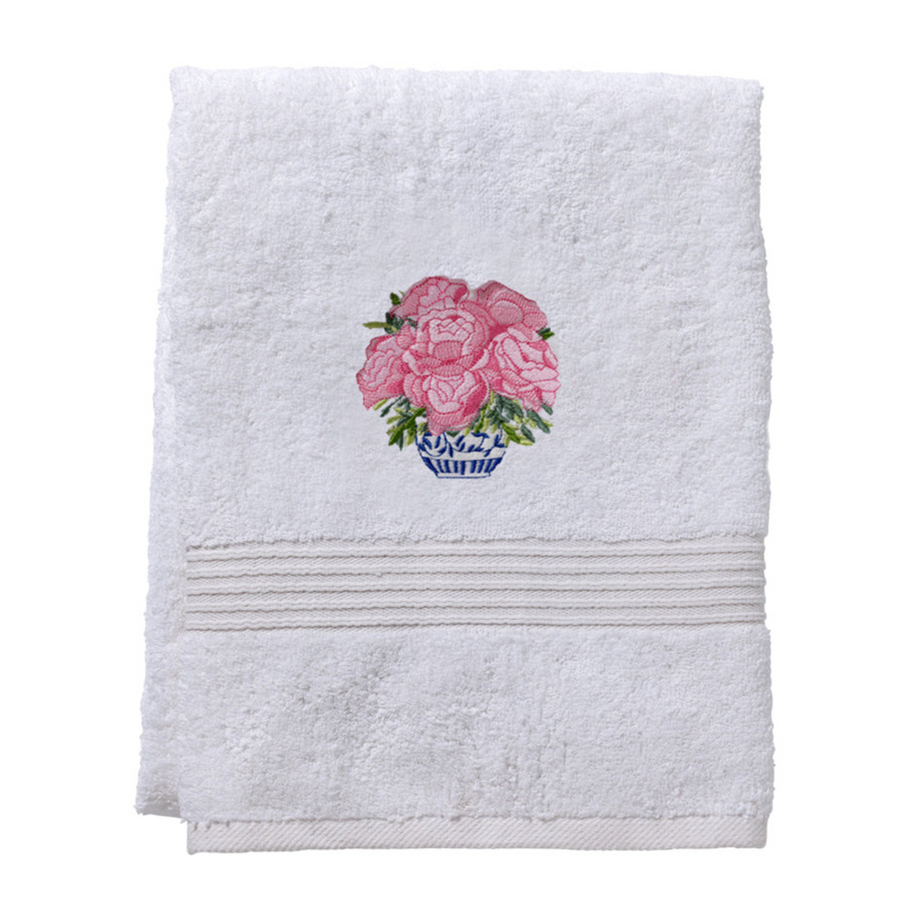 White Cotton Terry Bath Towel Pot of Peonies in Pink - The Well Appointed House