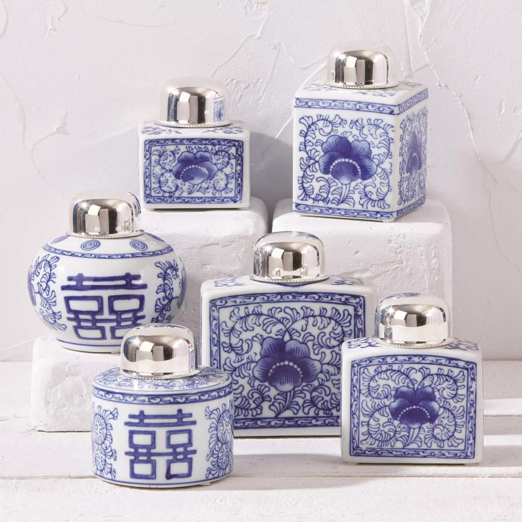 Set of 6 Blue and White Tea Jars with Nickel-Plated Lid - The Well Appointed House