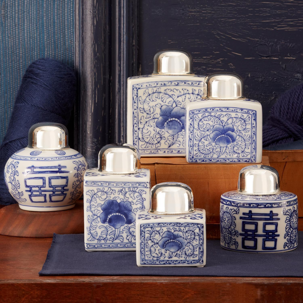 Set of 6 Blue and White Tea Jars with Nickel-Plated Lid - The Well Appointed House