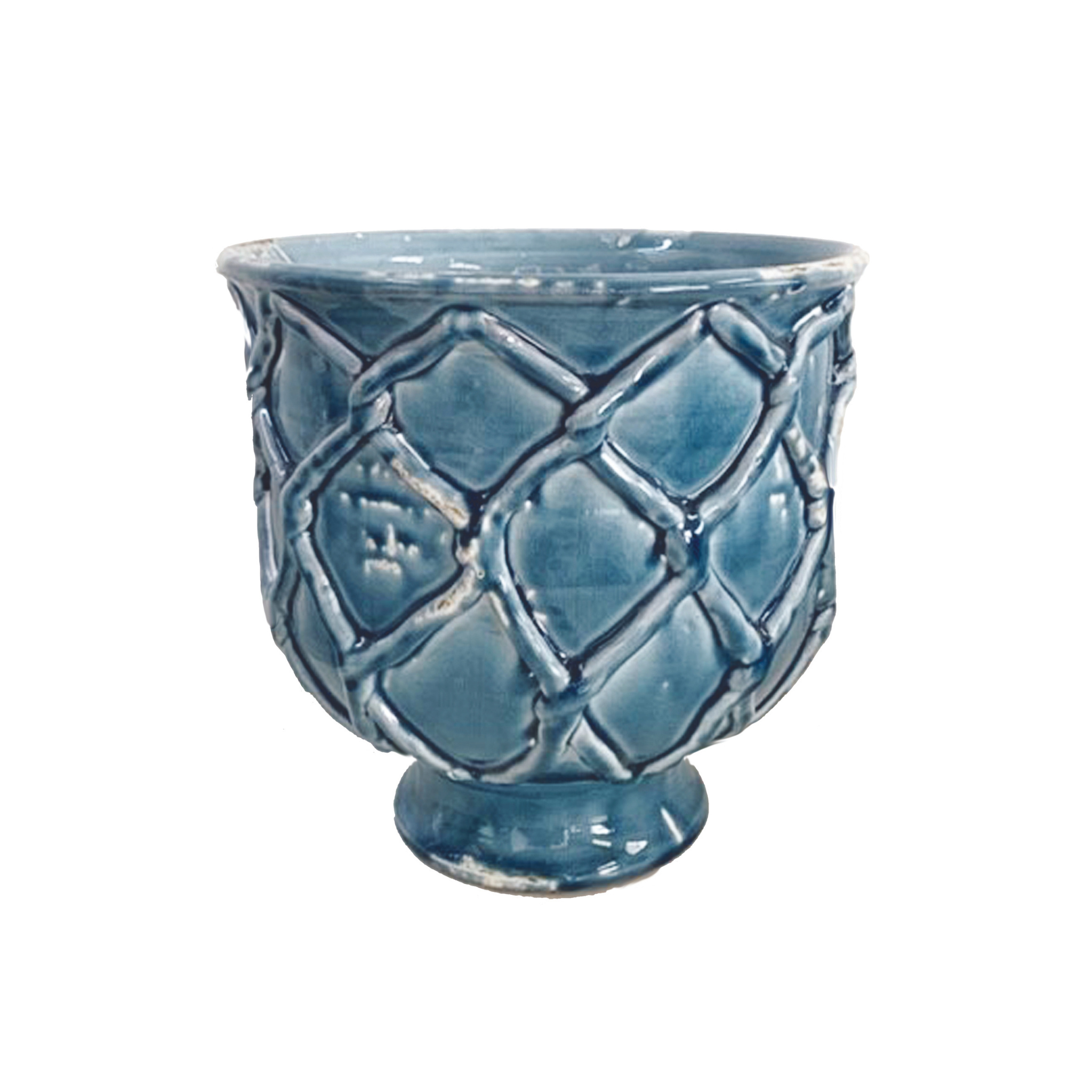 small blue ceramic flower pots Vinci Criss Cross Pattern Planter