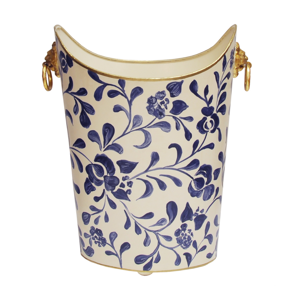 Hand Painted Navy Vine Wastebasket With Gold Lion Handles - Wastebasket - The Well Appointed House