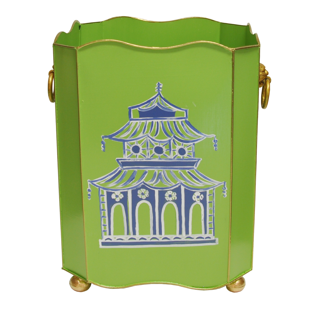 Hand Painted Green and Blue Pagoda Wastebasket - Wastebasket - The Well Appointed House
