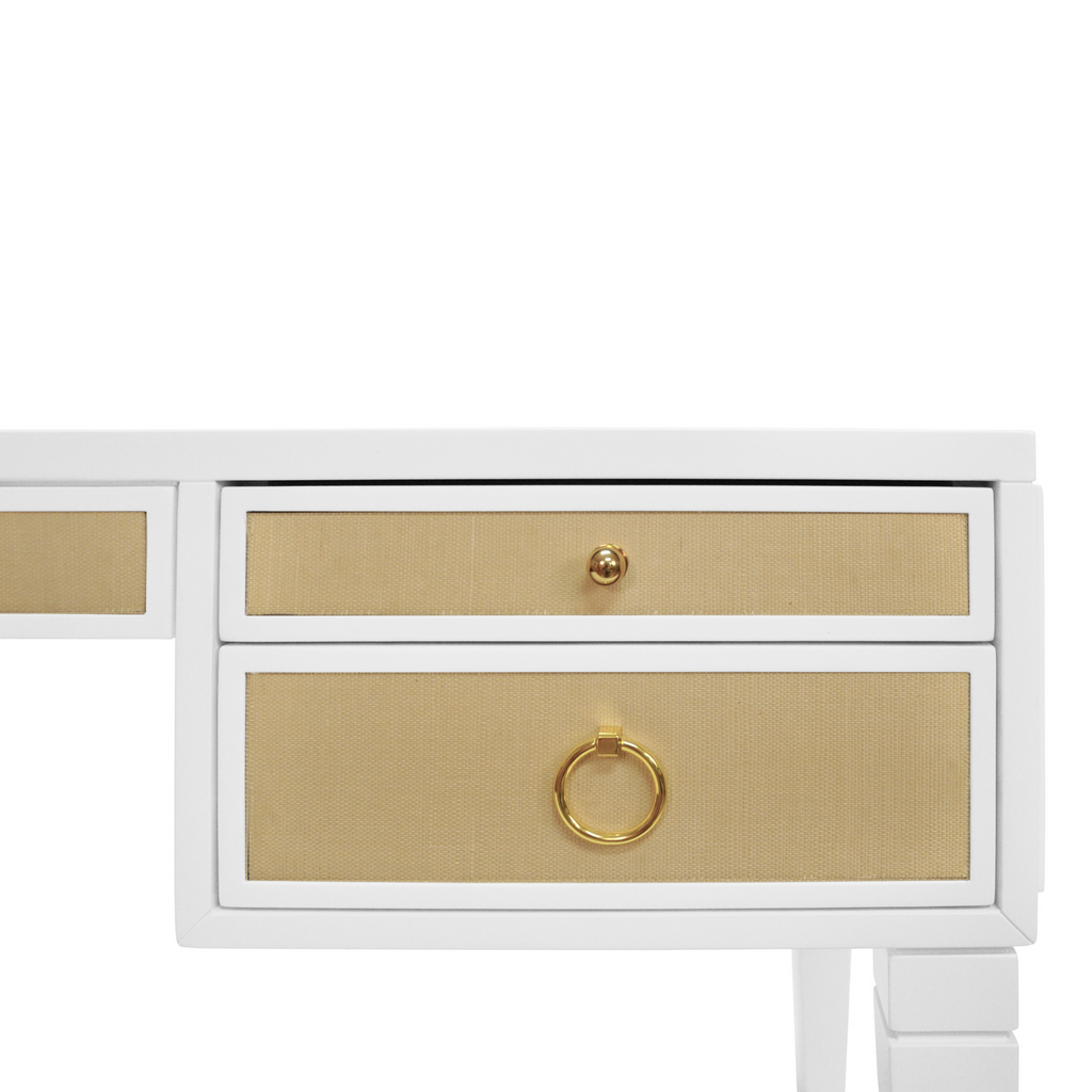 Heidi Writing Desk With Grasscloth Drawers in White With Brass Hardware - Desks & Desk Chairs - The Well Appointed House