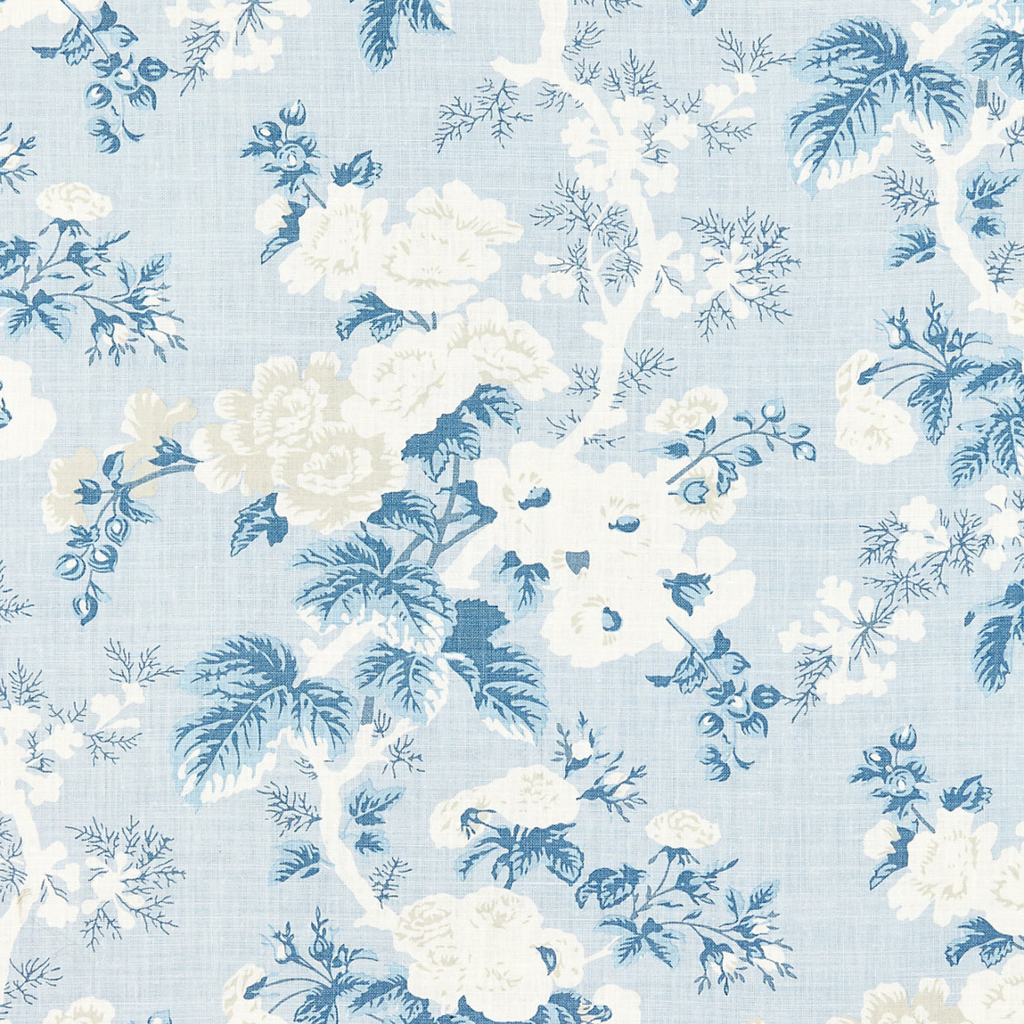 Ascot Linen Print Floral Fabric in Sky Blue & White - The Well Appointed House