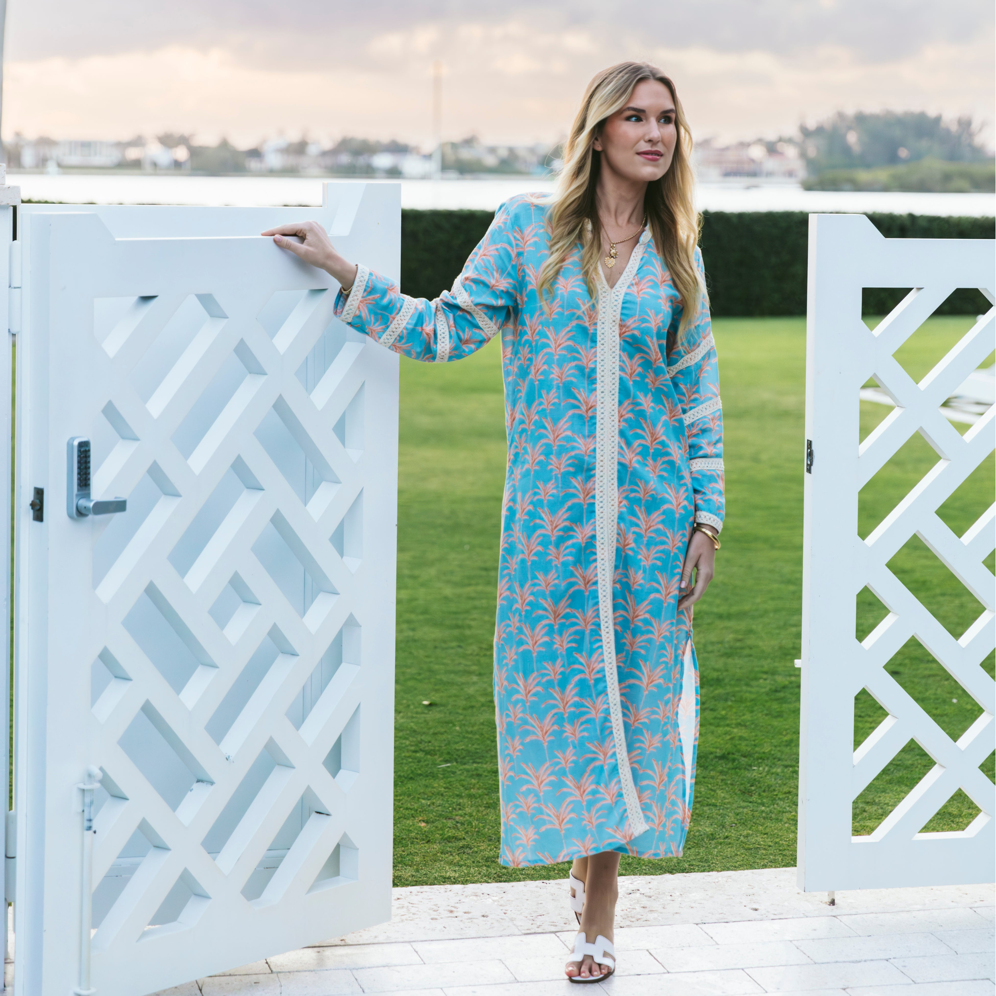 French Blue Cotton Bardot Caftan Midi Dress, Callista XS