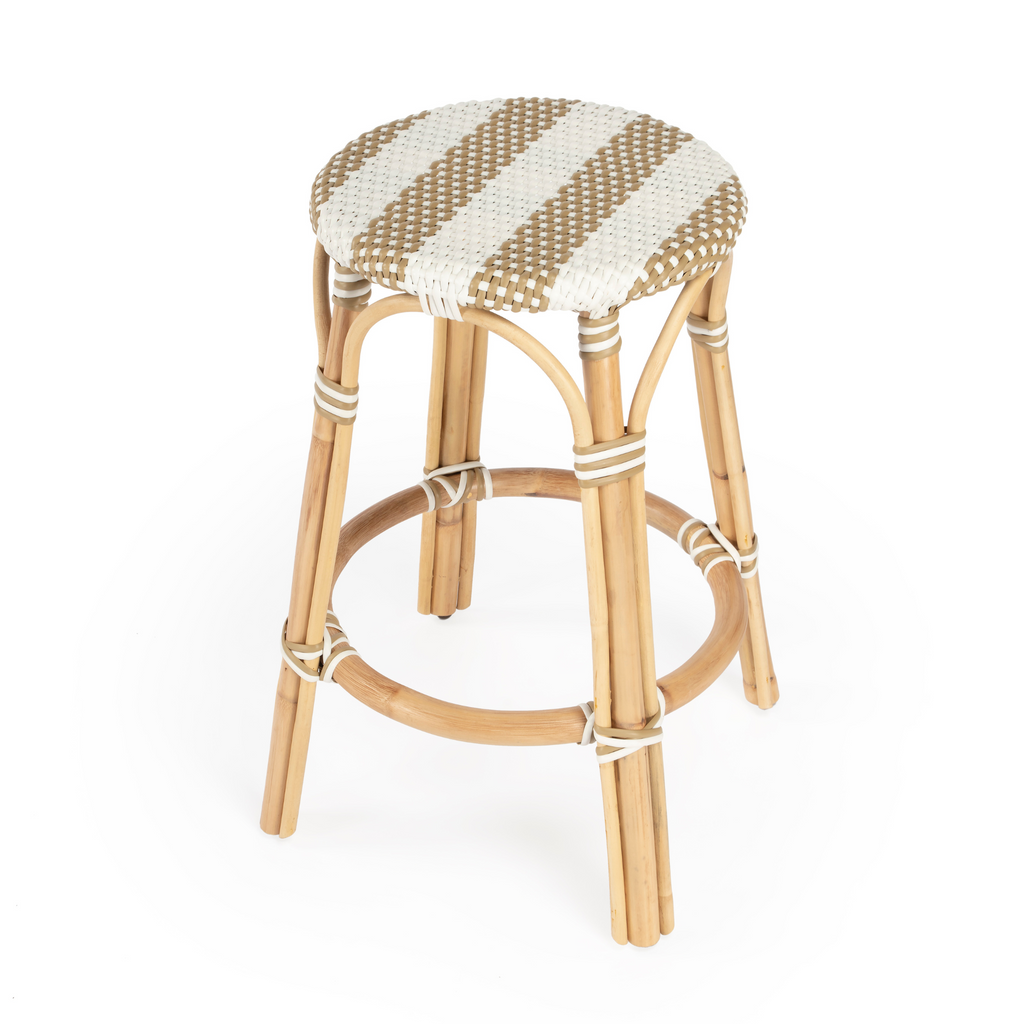 Beige and White Striped Rattan Frame Counter Stool - The Well Appointed House