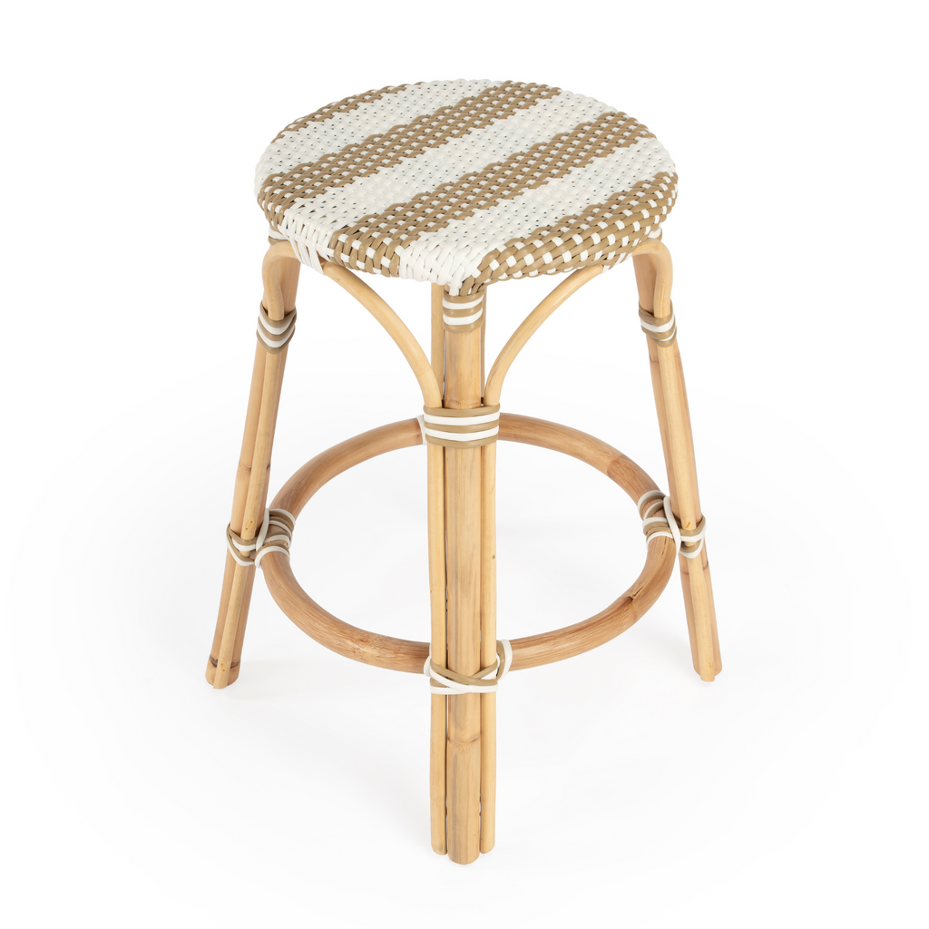 Beige and White Striped Rattan Frame Counter Stool - The Well Appointed House