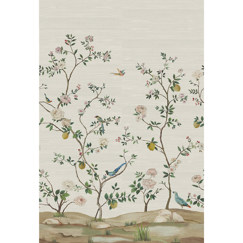 Blossom Chinoiserie Mural in Silver Mist on Grasscloth - The Well Appointed House