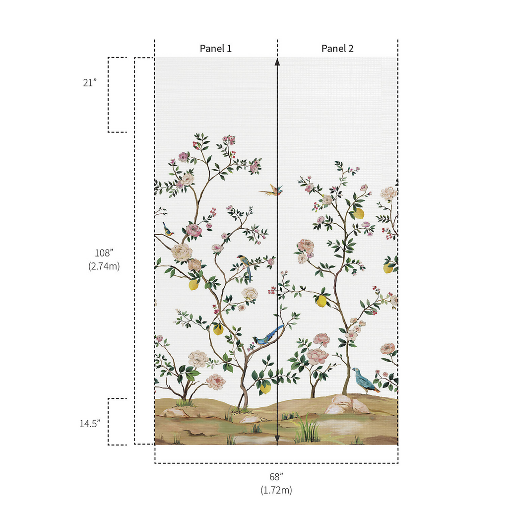 Blossom Chinoiserie Mural in Silver Mist on Grasscloth - The Well Appointed House