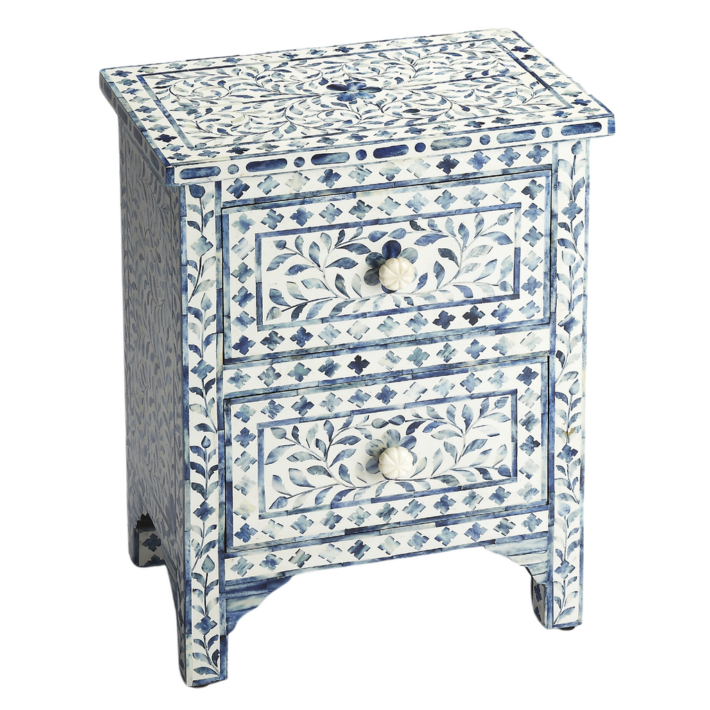 Blue Bone Inlay Two Drawer Side Table With Floral Pulls - The Well Appointed House
