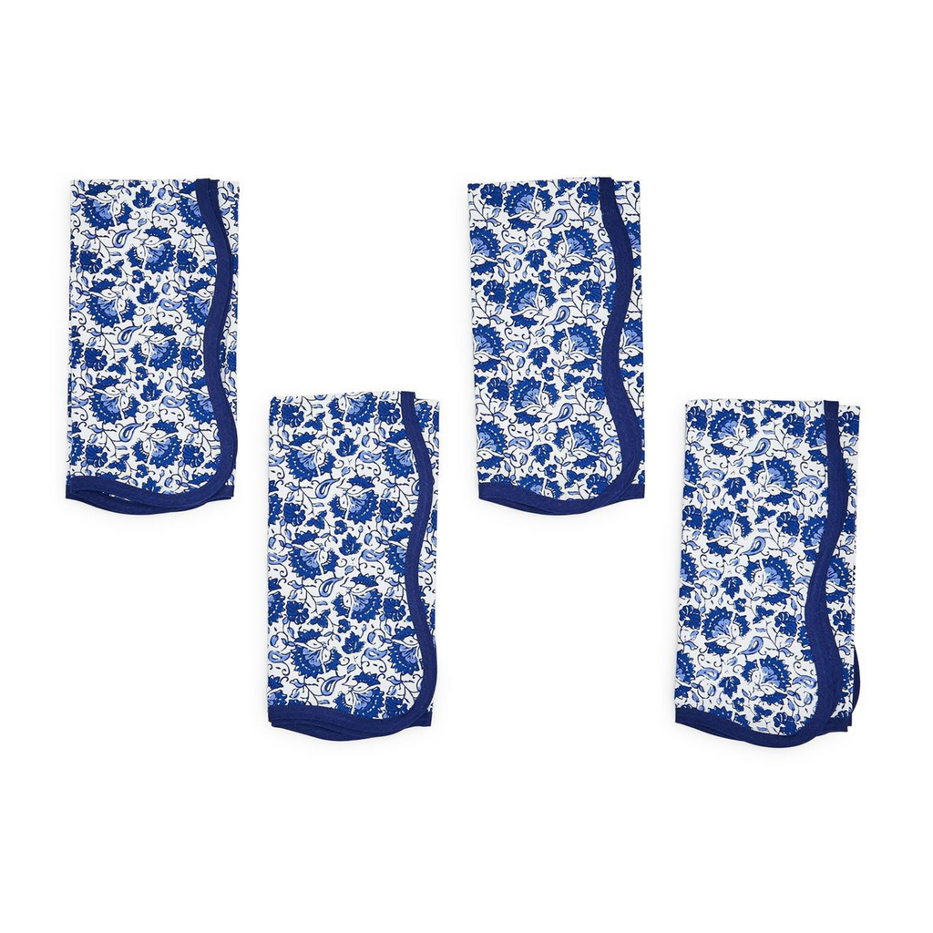 Set of 4 Blue Floral Scalloped Edge Trim Napkins - Dinner Napkins - The Well Appointed House