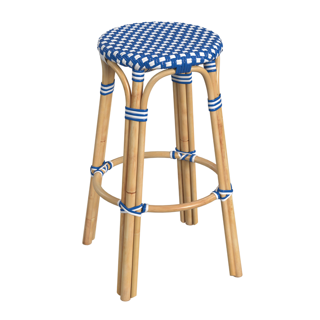 Blue and White Rattan Frame Bar Stool - The Well Appointed House