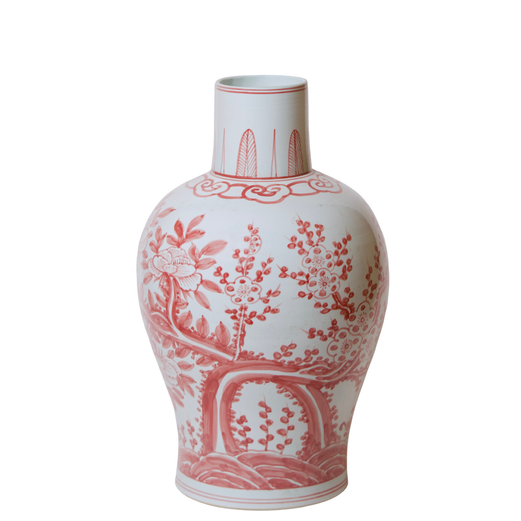 Rustic Red and White Porcelain Blossoms Vase - The Well Appointed House