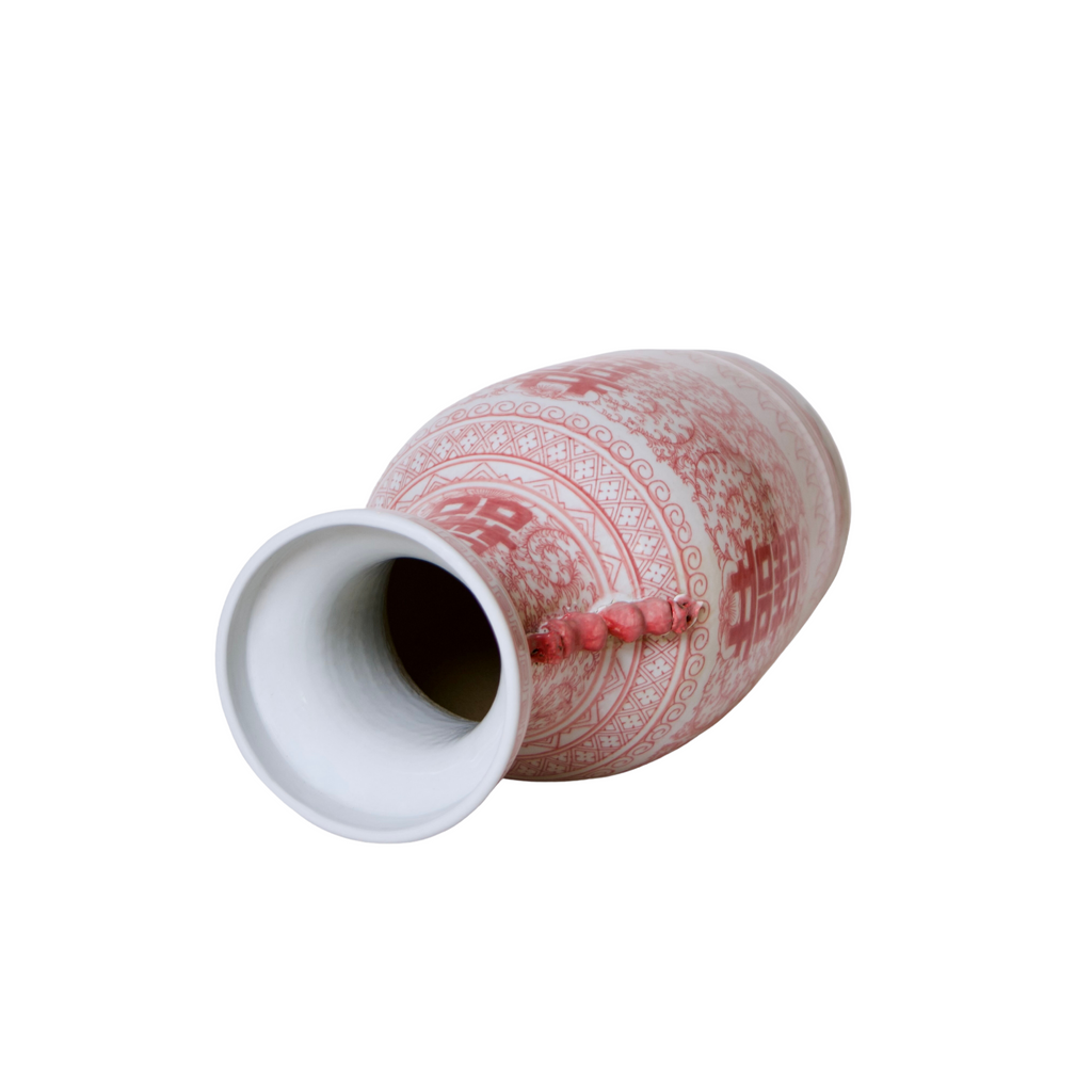 Double Happiness Large Red and White Porcelain Lug Vase - The Well Appointed House