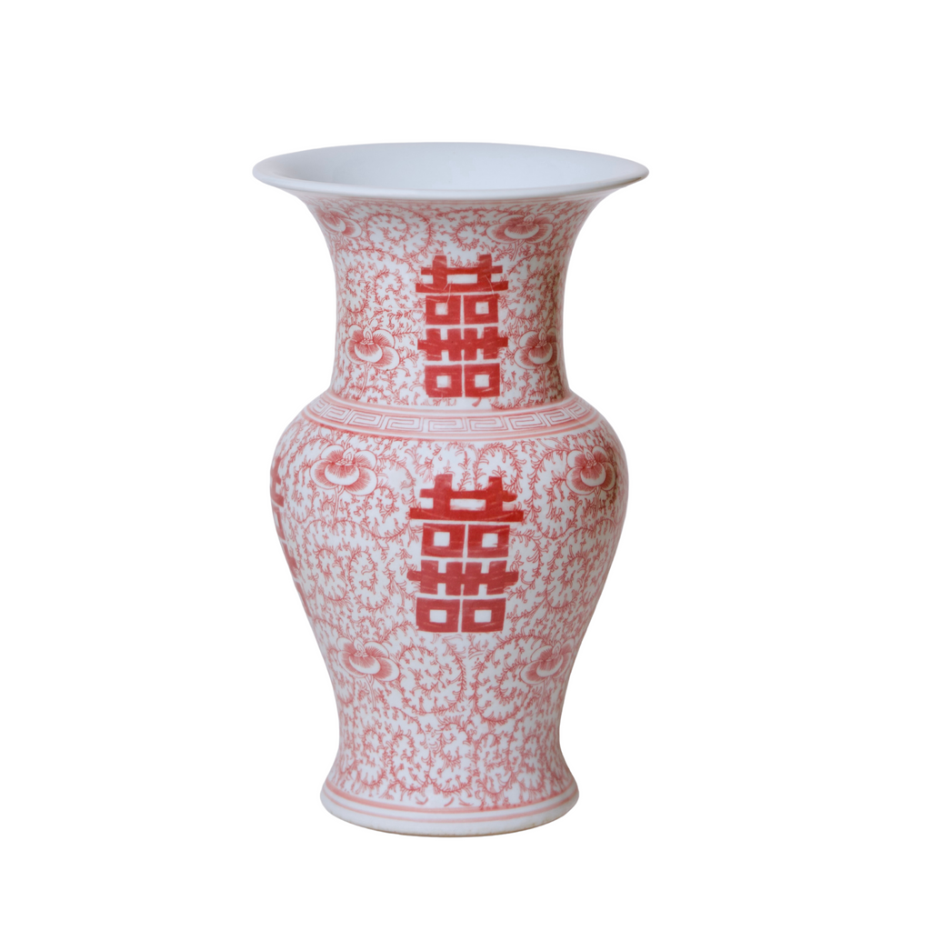 Double Happiness Red & White Porcelain Trumpet Vase - The Well Appointed House