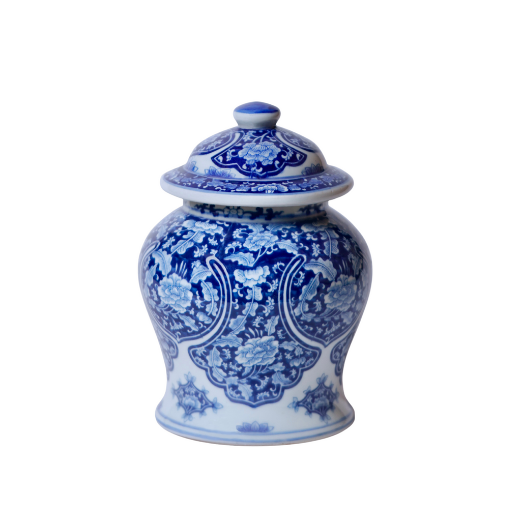 Small Blue and White Porcelain Floral Cartouche Temple Jar - The Well Appointed House