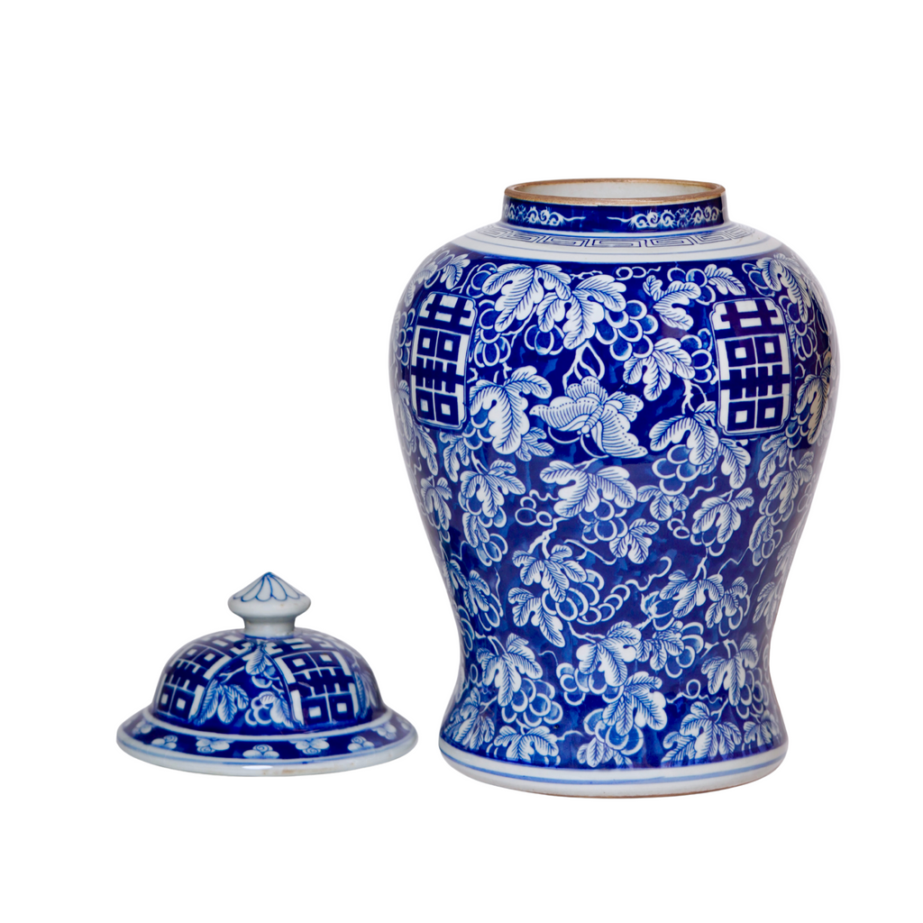Double Happiness/Grapes Blue and White Temple Jar - The Well Appointed House