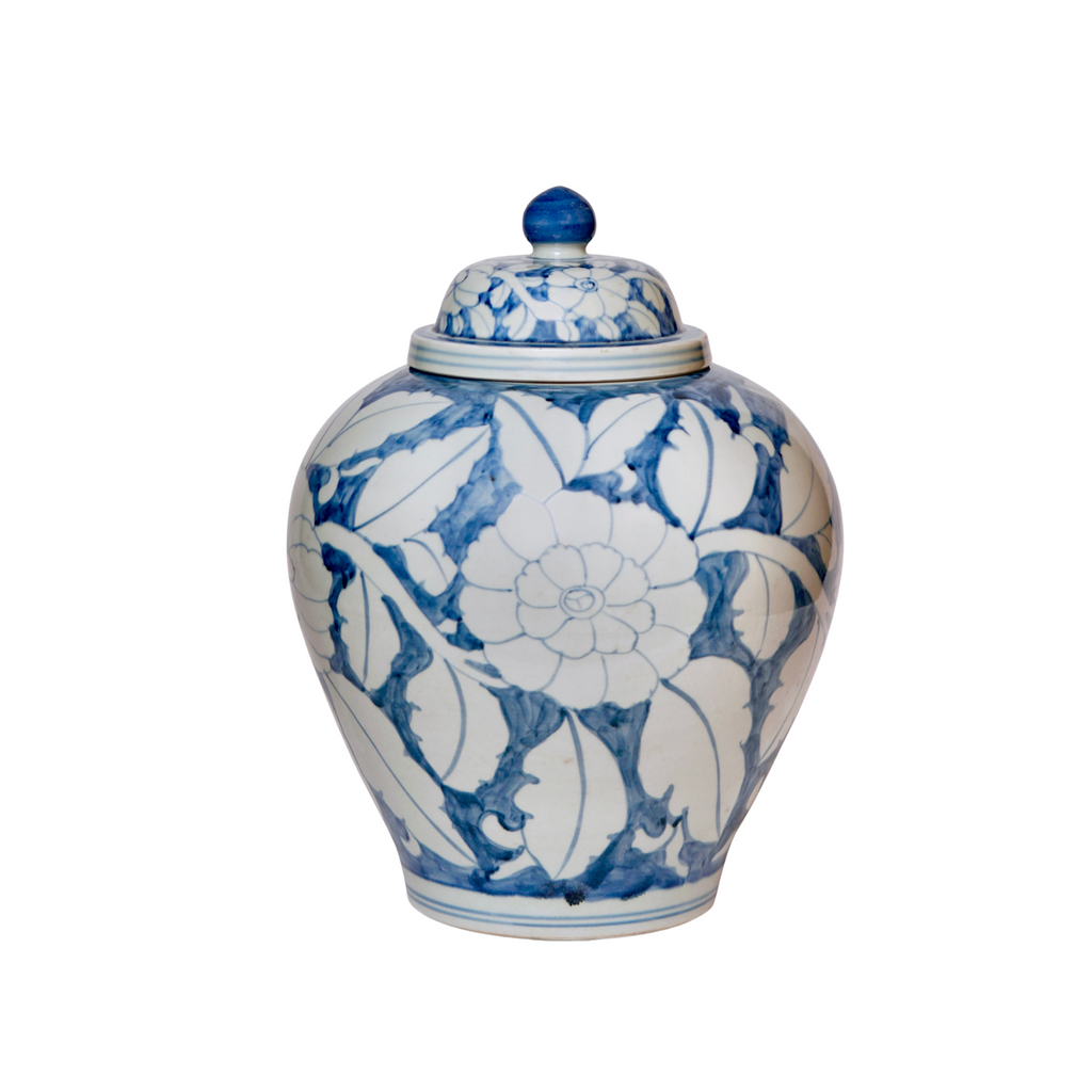 Rustic Blue and White Porcelain Floral Jar - The Well Appointed House