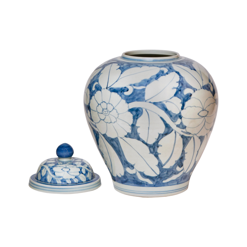 Rustic Blue and White Porcelain Floral Jar - The Well Appointed House