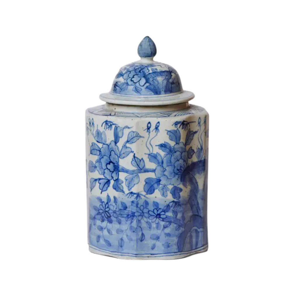 Blue and White Porcelain Bird and Flower Octagonal Caddy - The Well Appointed House