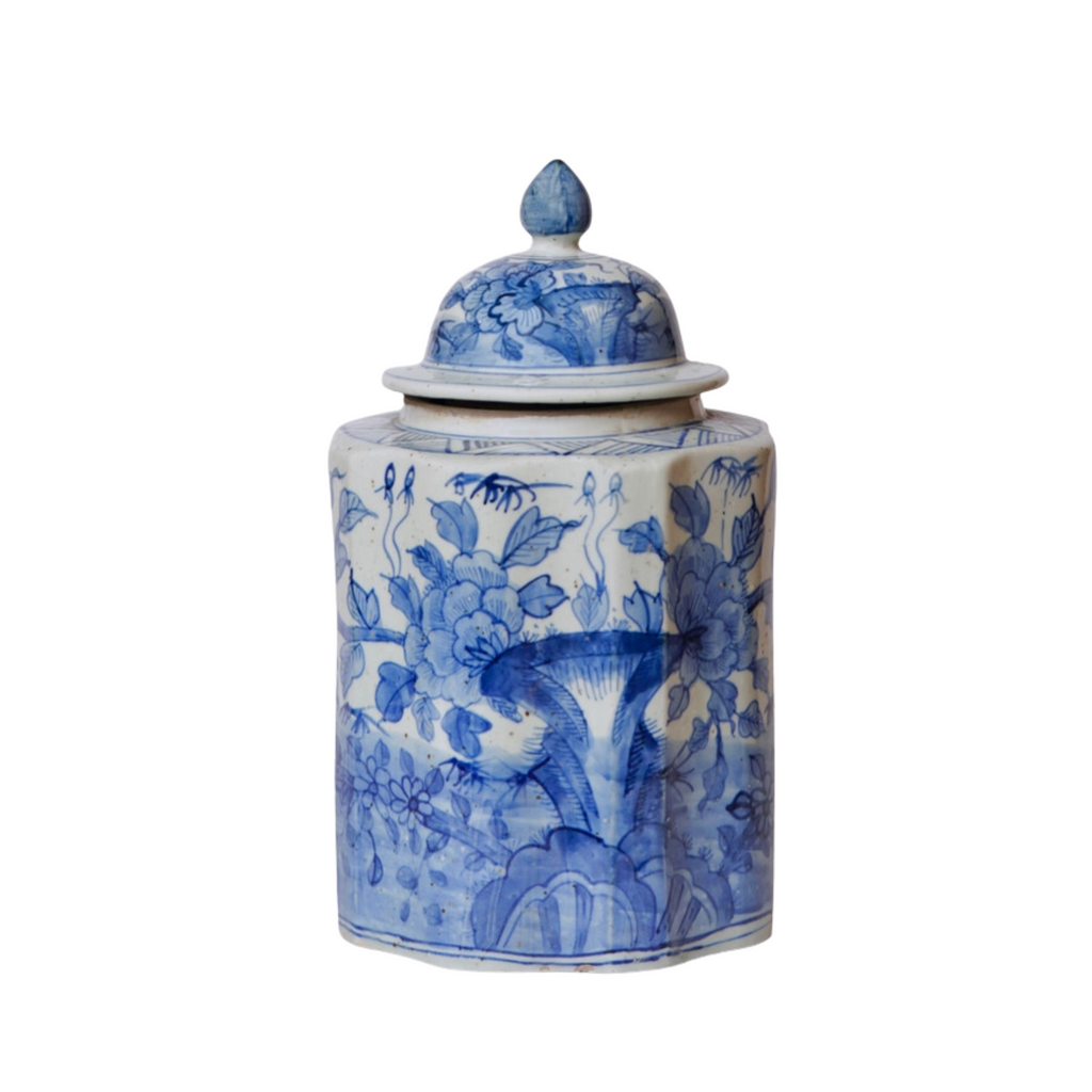 Blue and White Porcelain Bird and Flower Octagonal Caddy - The Well Appointed House