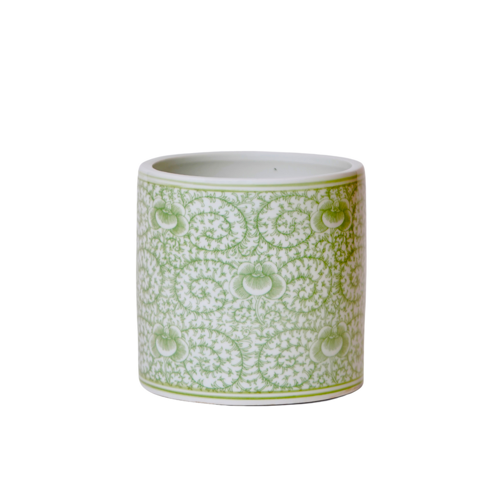 Small Green and White Porcelain Scrolling Peony Cachepot - The Well Appointed House