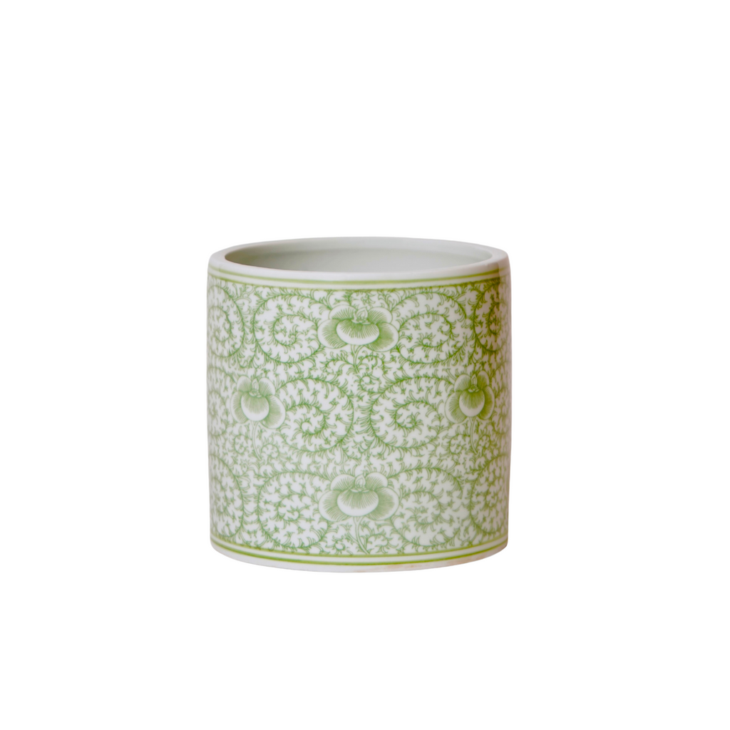 Small Green and White Porcelain Scrolling Peony Cachepot - The Well Appointed House