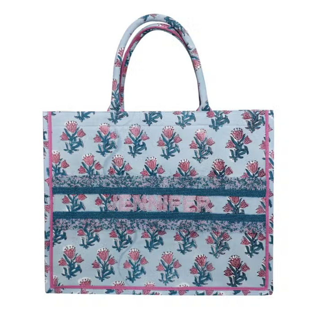 Pink & Blue Handmade Beaded Floral Tote - The Well Appointed House