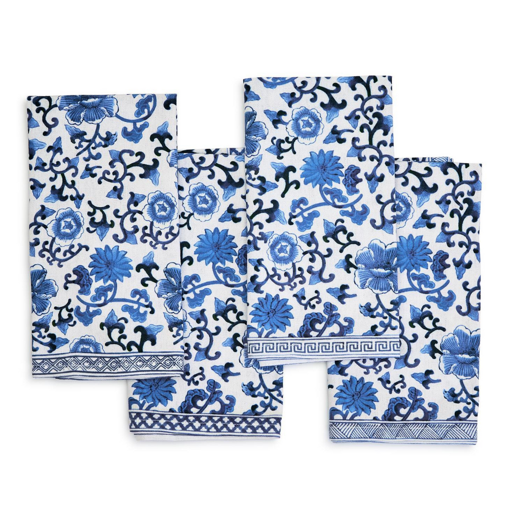 Set of 4 Chinoiserie Blue and White Floral Pattern Napkins - Dinner Napkins - The Well Appointed House