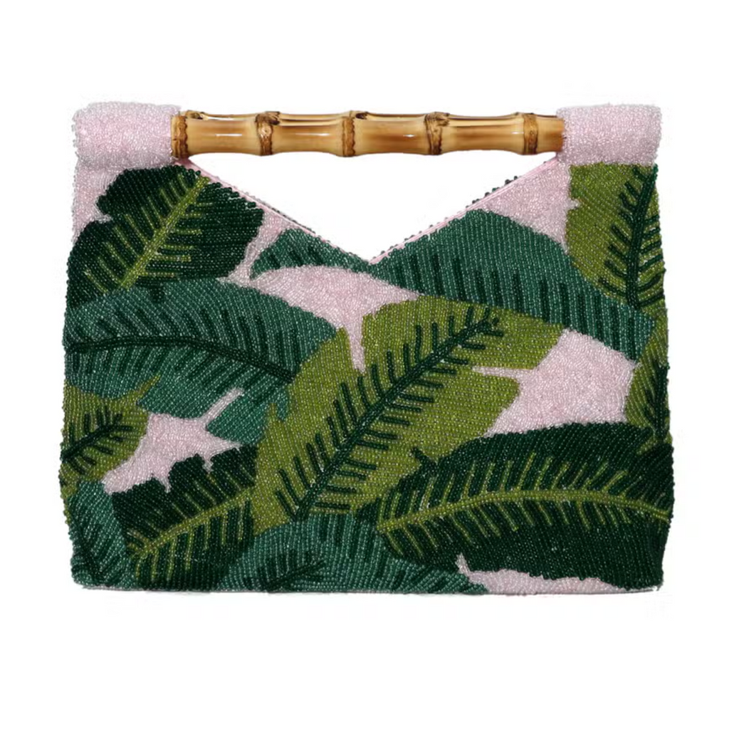 Fully Beaded White With Green Leaf Design Clutch With Bamboo Handle - The Well Appointed House