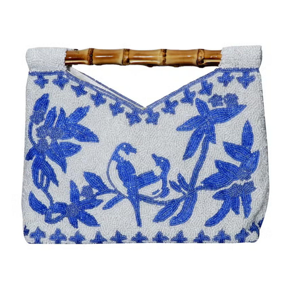 Fully Beaded White With Blue Flower & Birds Design Clutch With Bamboo Handle - The Well Appointed House