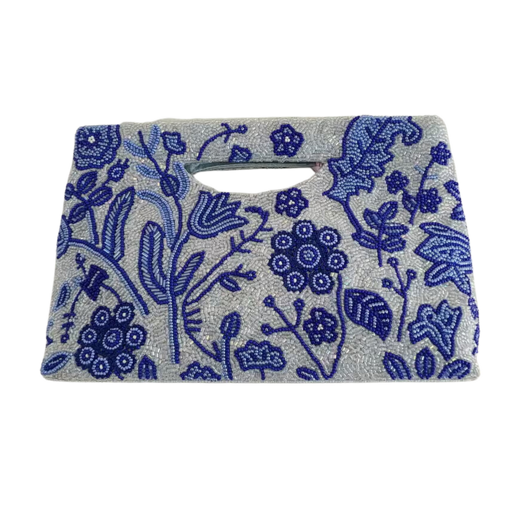 Fully Beaded Blue & White Floral Motif Clutch - The Well Appointed House
