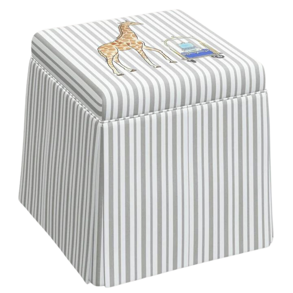 Gray Malin for Cloth & Company Giraffe Stripe Grey Skirted Storage Ottoman for Kids - Little Loves Accent Chairs & Stools - The Well Appointed House