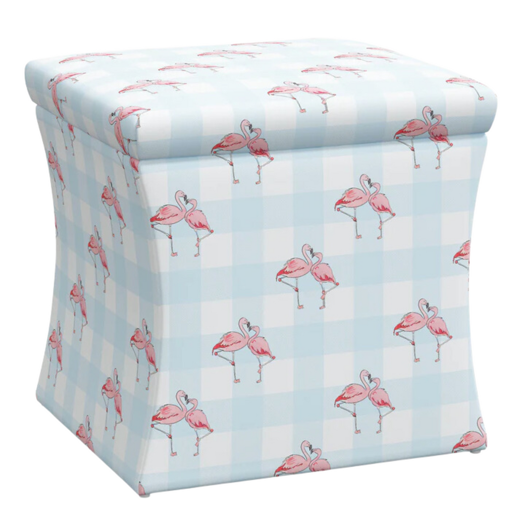 Gray Malin x Cloth & Co. Flamingo Gingham Blue Storage Ottoman - Little Loves Toy Chests & Storage - The Well Appointed House