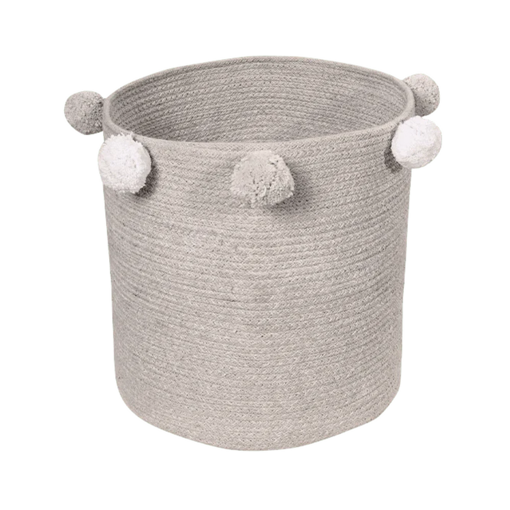 Grey Braided Cotton Basket With Pom-Pom Trim - Little Loves Baskets & Hampers - The Well Appointed House