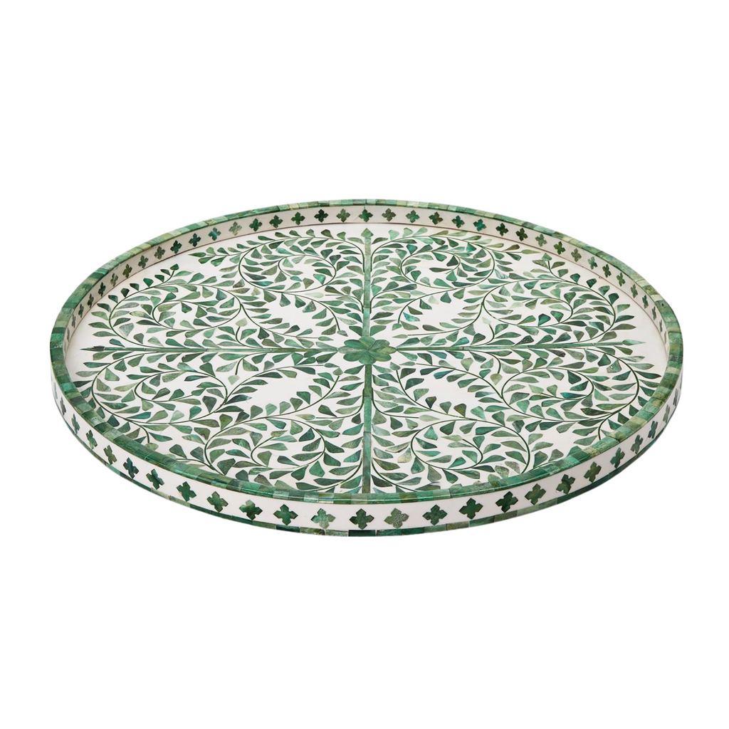 Jaipur Palace Green & White Inlaid Round Serving Tray - The Well Appointed House