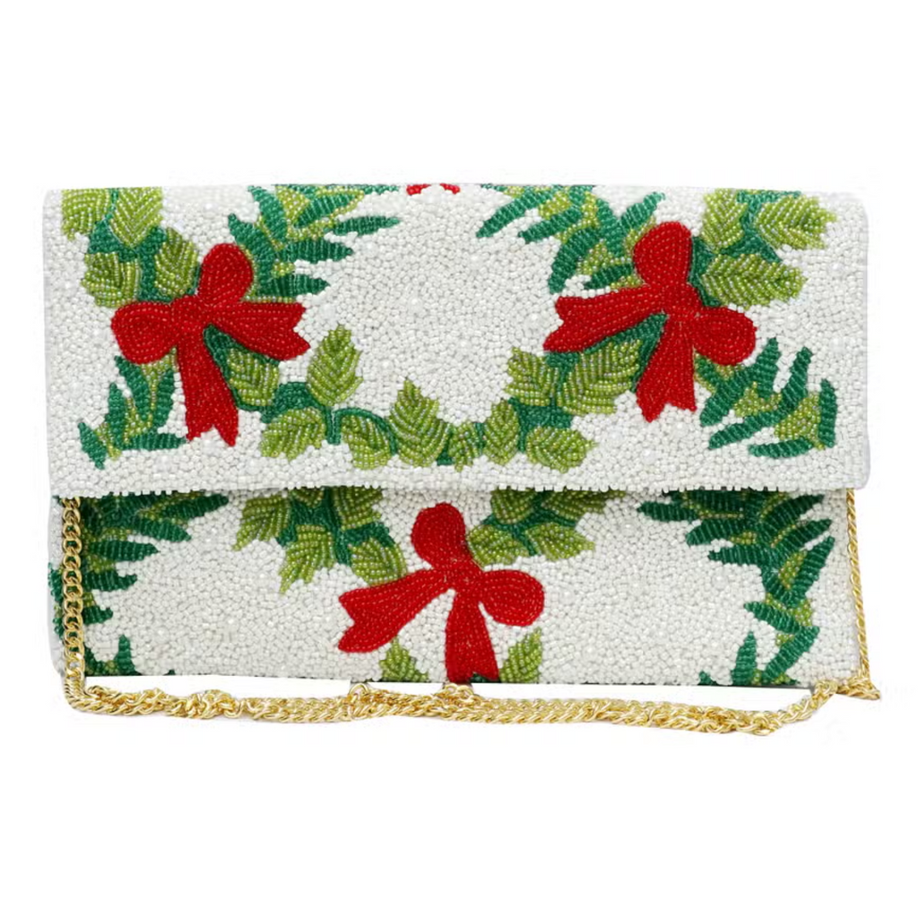 Fully Beaded Garland With Red Bows Design Envelope Style Christmas Clutch - The Well Appointed House