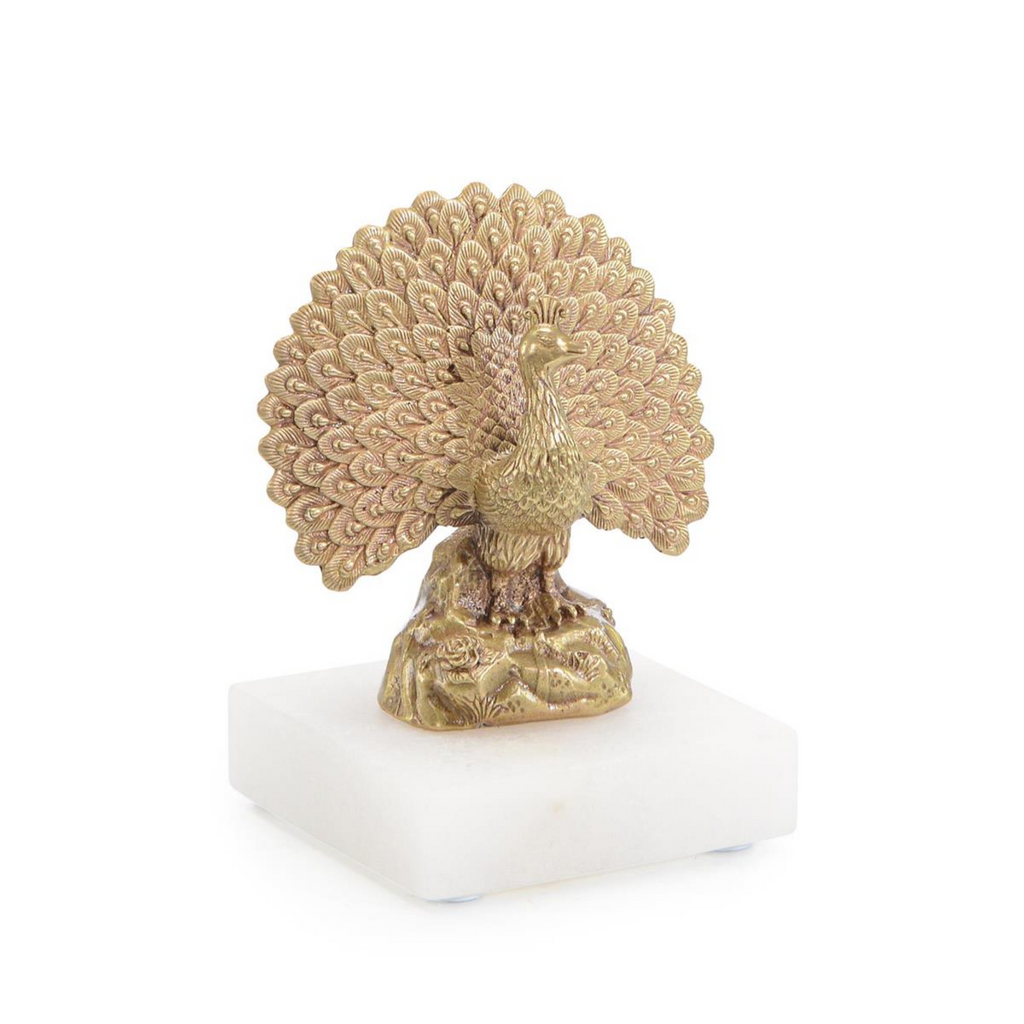 Brass Peacock Sculpture on Alabaster - The Well Appointed House