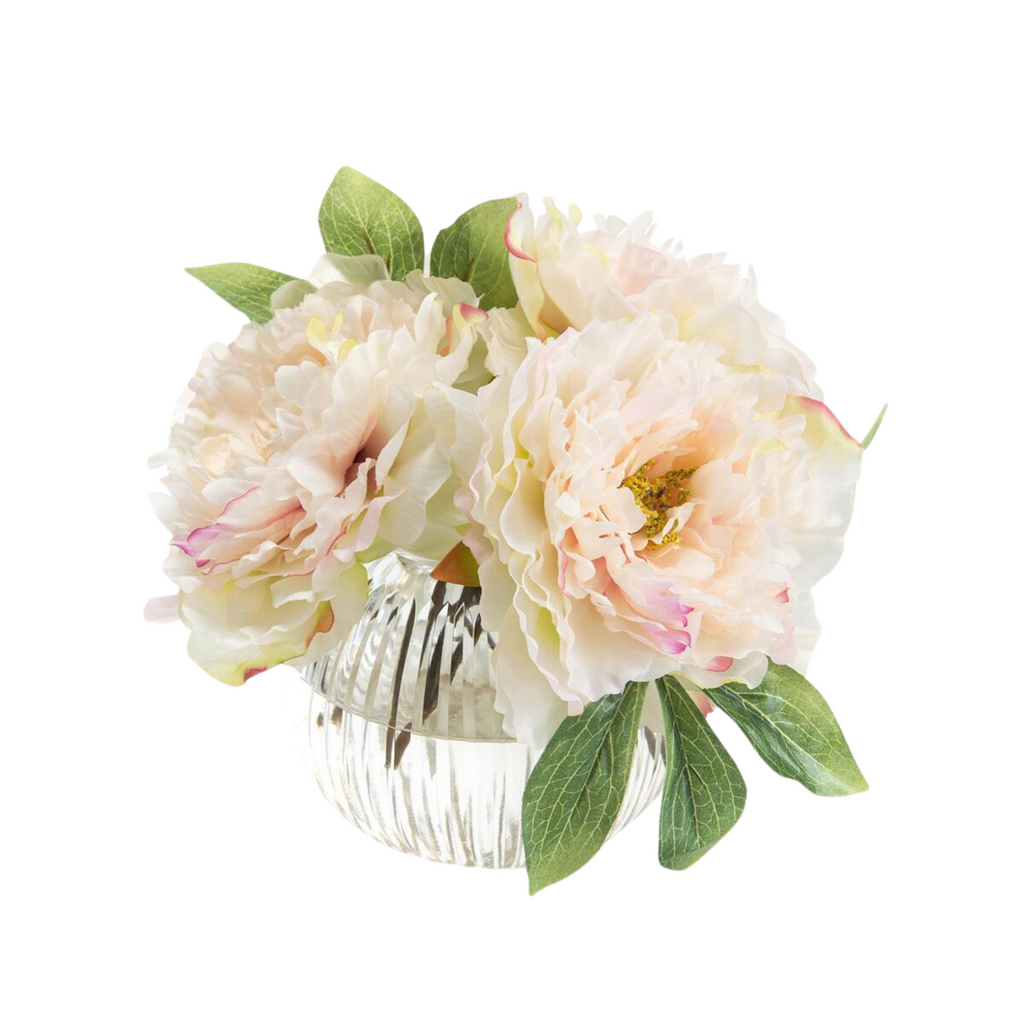 Faux Blush Peonies in Glass Ribbed Bowl - The Well Appointed House