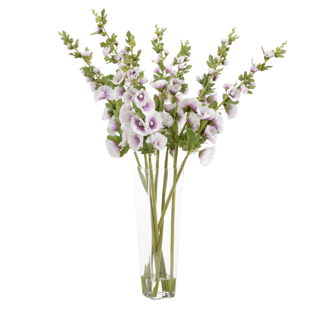 Faux Lavender Hollyhocks in Glass Vase - The Well Appointed House