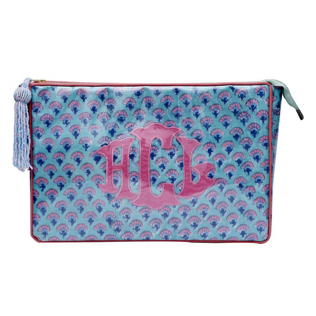 Large Pink & Blue Floral  Monogramable Zippered Pouch - The Wel Appointed House