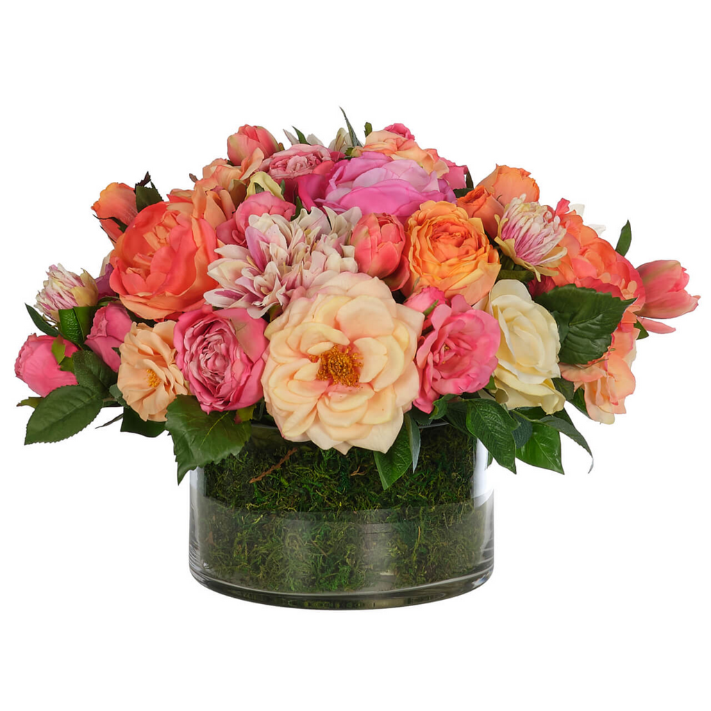 14" Faux Pink & Peach Roses With Moss in a Glass Bowl - The Well Appointed House